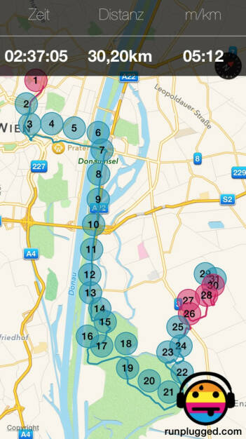 30,2 Km mit Friedensbrücke, Praterstrasse, Donauinsel, Lobau, Gross Enzersdorf, Seestadt (26.07.2015) 