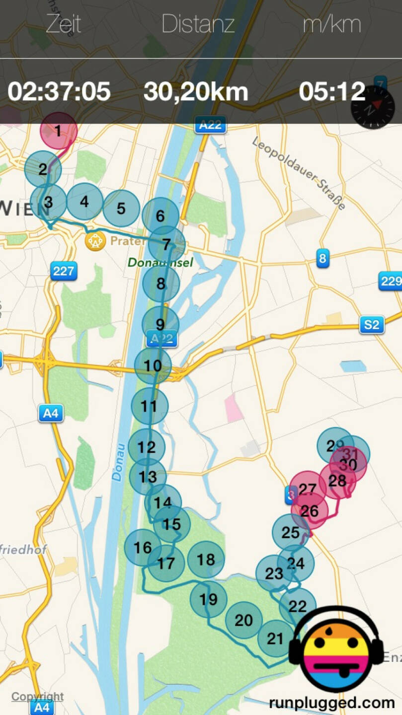 30,2 Km mit Friedensbrücke, Praterstrasse, Donauinsel, Lobau, Gross Enzersdorf, Seestadt