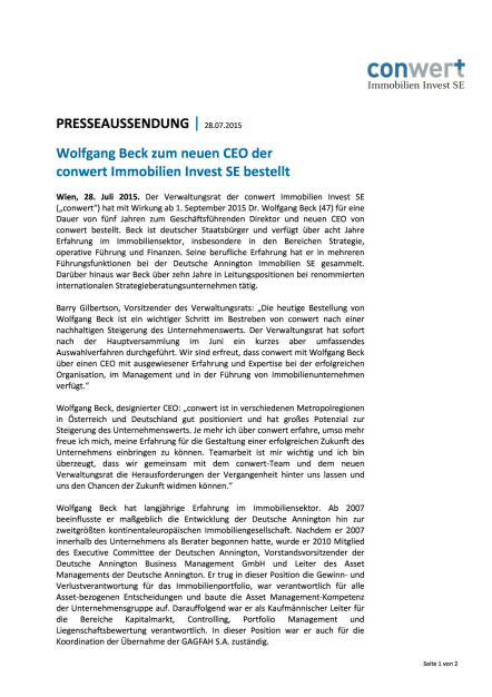 Wolfgang Beck neuer conwert-CEO, Seite 1/2, komplettes Dokument unter http://boerse-social.com/static/uploads/file_258_wolfgang_beck_neuer_conwert-ceo.pdf (28.07.2015) 