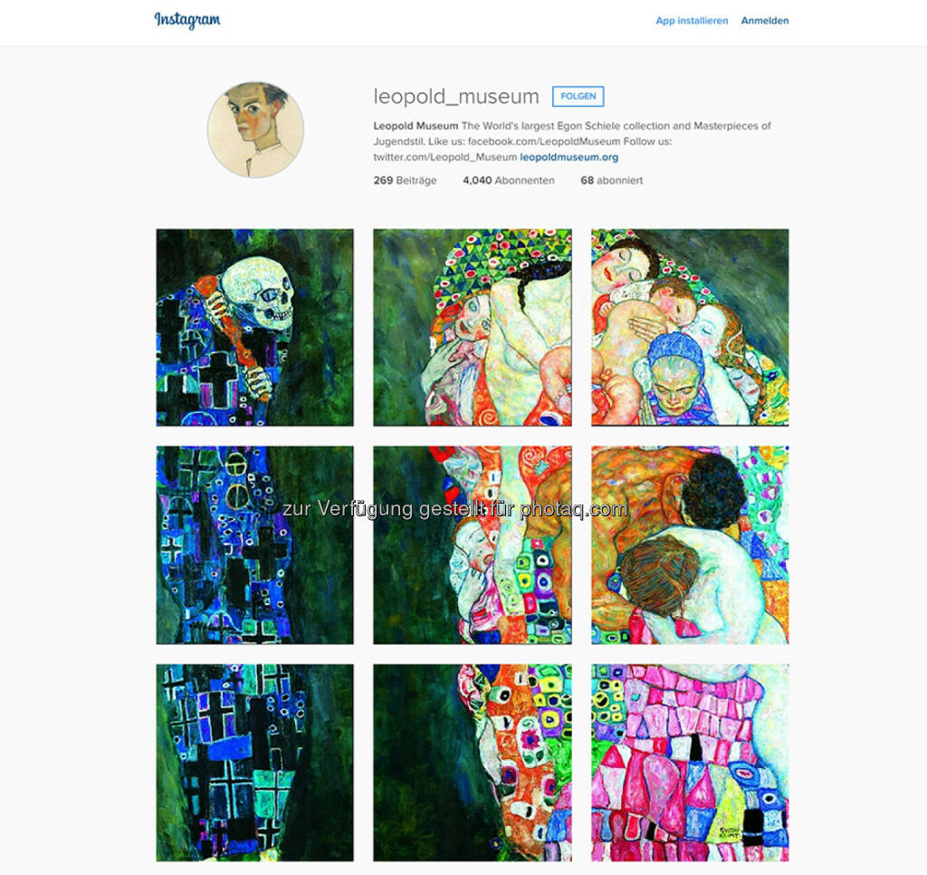 Motiv: Gustav Klimt (1862-1918), Tod und Leben, 1910/11, umgearbeitet 1915/16, Leopold Museum : Screenshot Instagram Kanal Leopold Museum, Wien : Über 4000 Follower - Österreichs Top-Museum auf der Online-Foto-Plattform : Fotograf: Manfred Thumberger Fotocredit: Leopold Museum, Wien, © Aussendung (30.07.2015) 