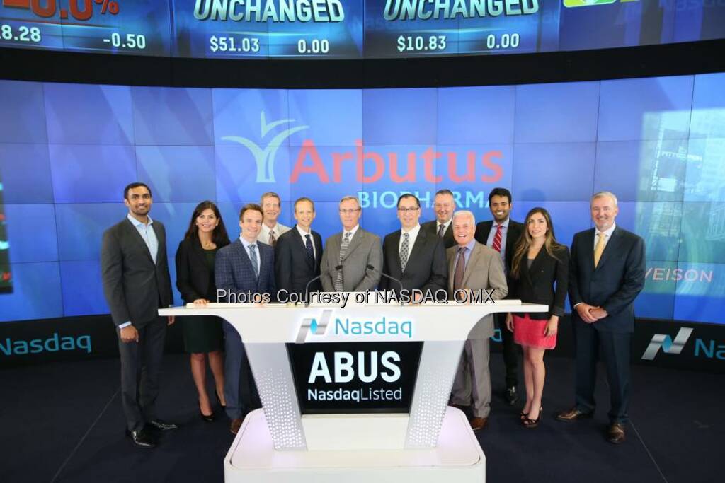 Arbutus Biopharma rings the Nasdaq Opening Bell! $ABUS  Source: http://facebook.com/NASDAQ (03.08.2015) 