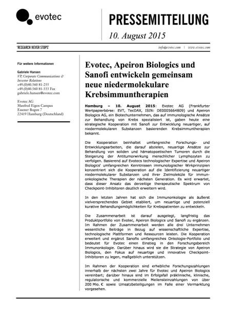 Evotec, Apeiron Biologics und Sanofi: Krebsimmuntherapien, Seite 1/3, komplettes Dokument unter http://boerse-social.com/static/uploads/file_280_evotec_apeiron_biologics_und_sanofi_krebsimmuntherapien.pdf (10.08.2015) 