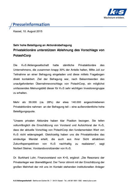 K+S-Aktionärsbefragung: Privataktionäre unterstützen Ablehnung des Potash-Vorschlags, Seite 1/4, komplettes Dokument unter http://boerse-social.com/static/uploads/file_282_ks-aktionarsbefragung_privataktionare_unterstutzen_ablehnung_des_potash-vorschlags.pdf (10.08.2015) 