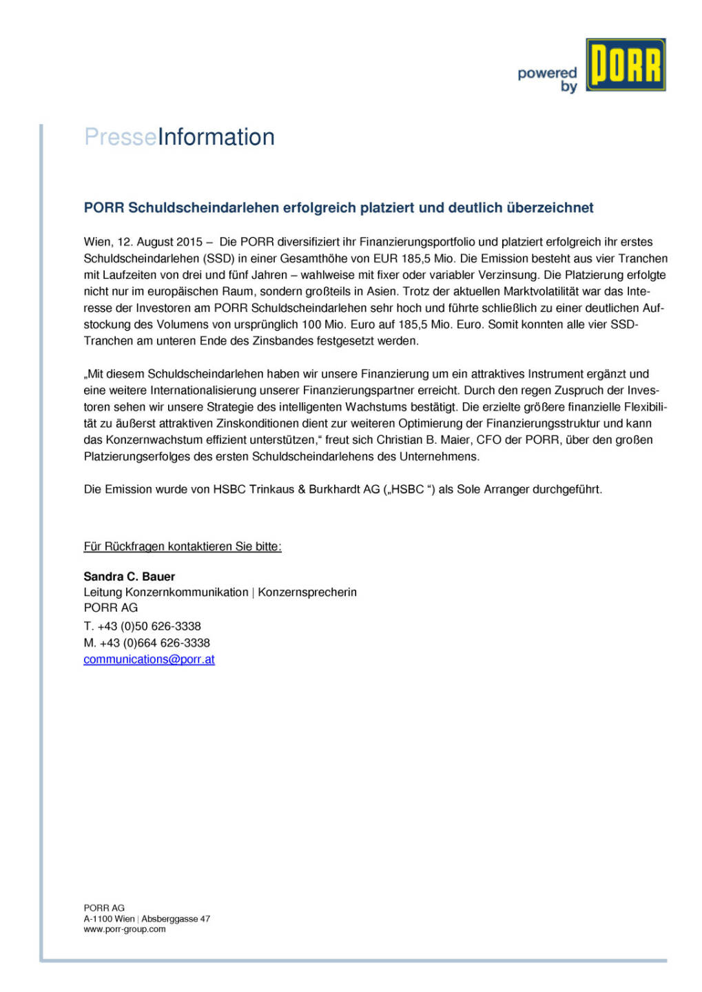 Porr platziert Schuldscheindarlehen erfolgreich, Seite 1/1, komplettes Dokument unter http://boerse-social.com/static/uploads/file_285_porr_platziert_schuldscheindarlehen_erfolgreich.pdf