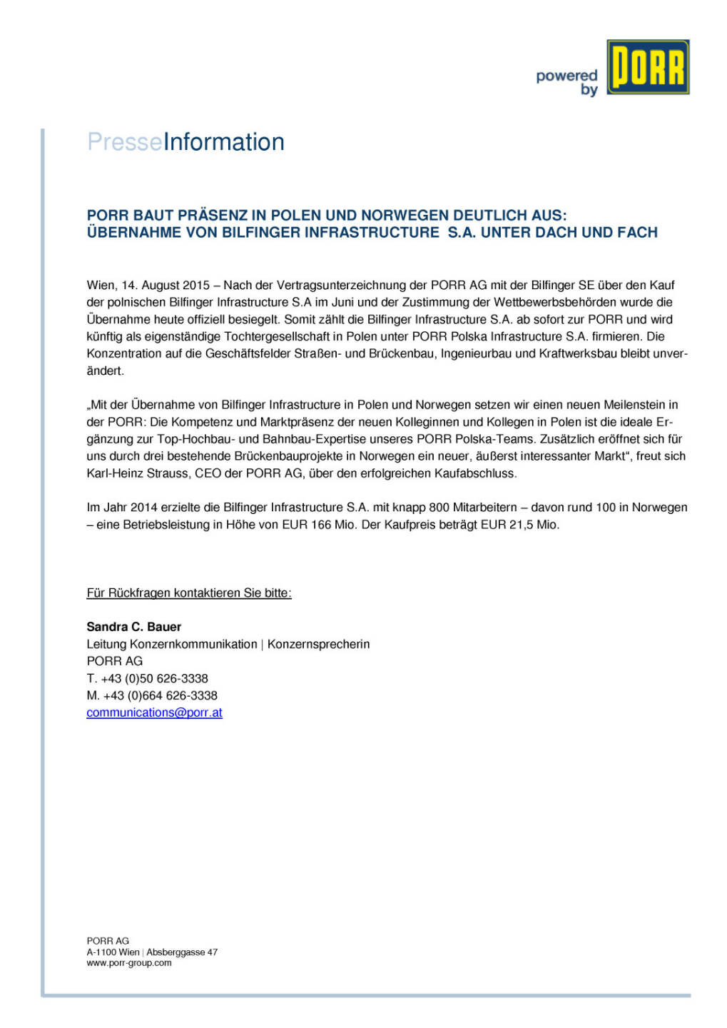 Porr: Übernahme von Bilfinger Infrastructure in Polen und Norwegen, Seite 1/1, komplettes Dokument unter http://boerse-social.com/static/uploads/file_288_porr_ubernahme_von_bilfinger_infrastructure_in_polen_und_norwegen.pdf