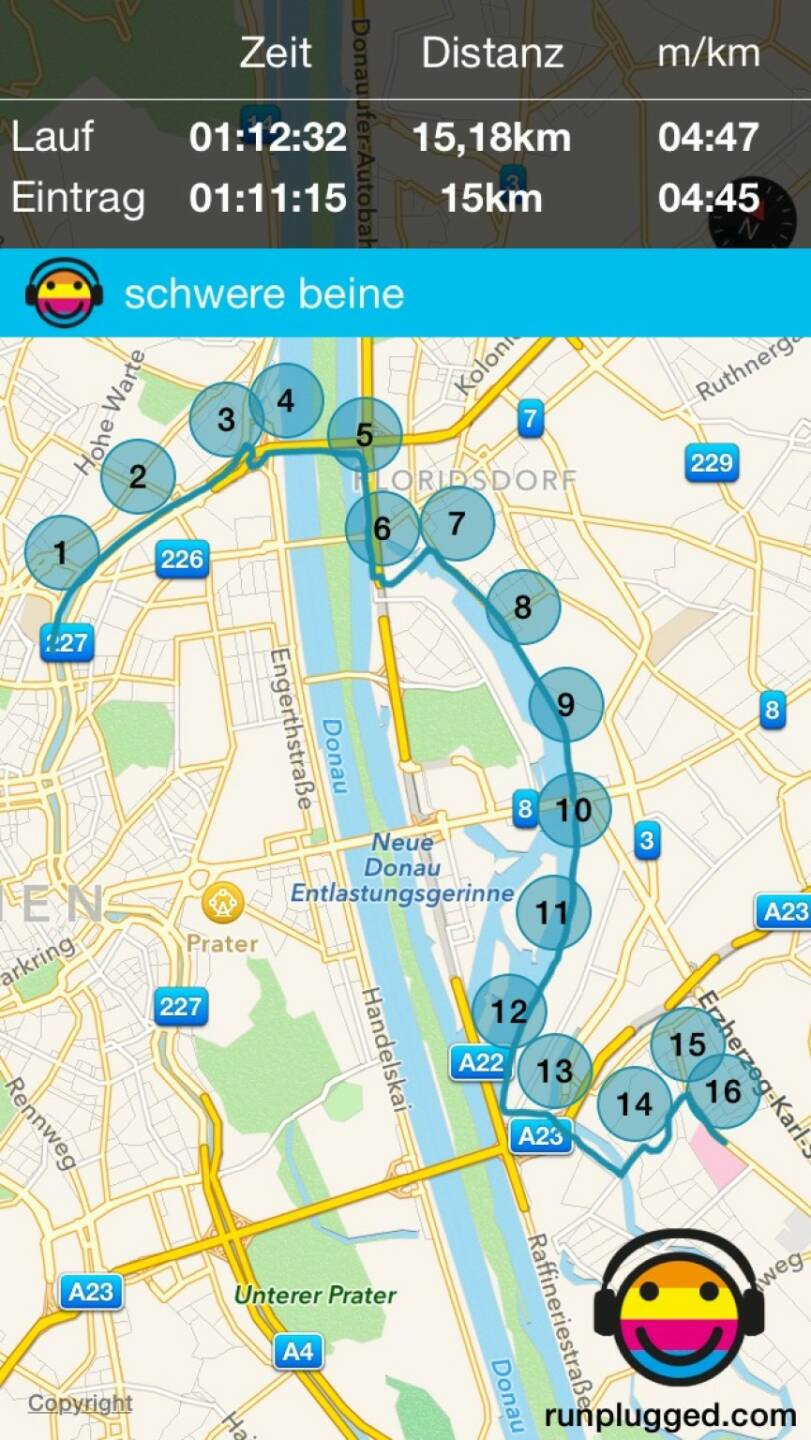 15,18km gelaufen, glatter Eintrag 15k mit Runmoji und Prosa