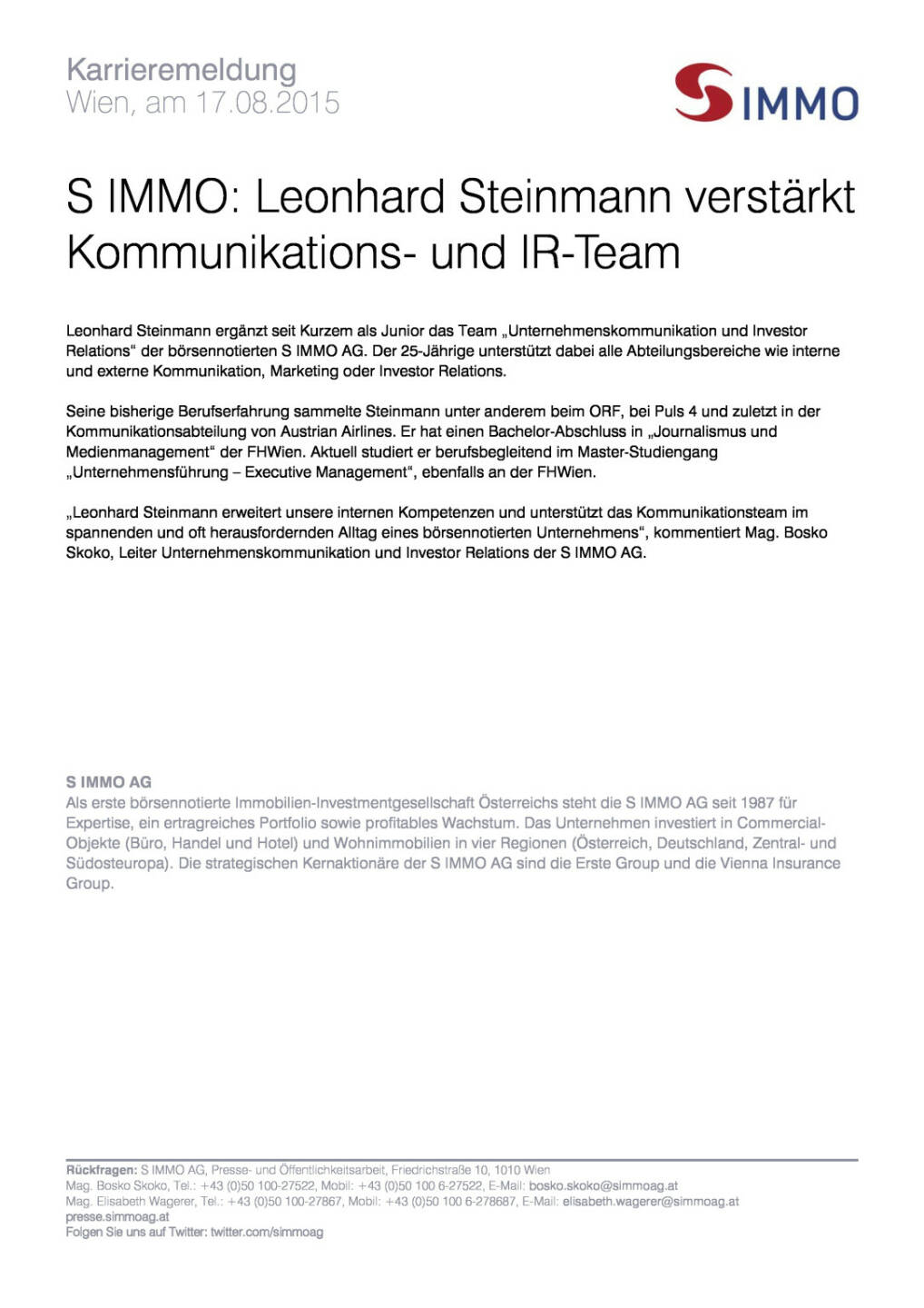 S Immo: Leonhard Steinmann verst&auml;rkt Kommunikations- und IR-Team, Seite 1/1, komplettes Dokument unter http://boerse-social.com/static/uploads/file_290_s_immo_leonhard_steinmann_verstarkt_kommunikations-_und_ir-team.pdf