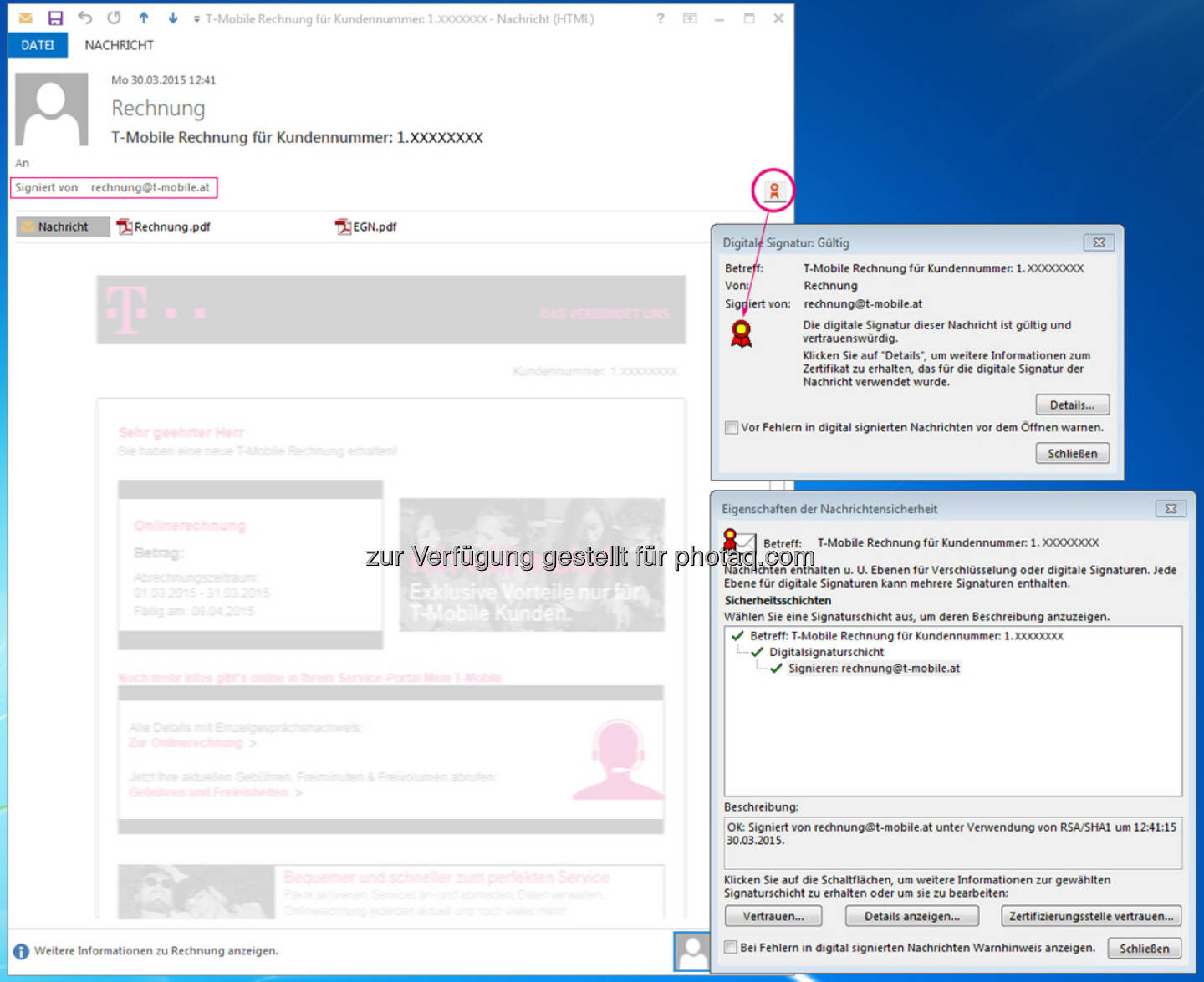 Kampf gegen Phishing: T-Mobile führt Digitale Signatur bei E-Mail-Rechnungen ein : Schutz von Kunden vor immer häufiger auftretenden Phishing-Wellen: E-Mail-Rechnungen für Kunden von T-Mobile und tele.ring digital signiert : © T-Mobile