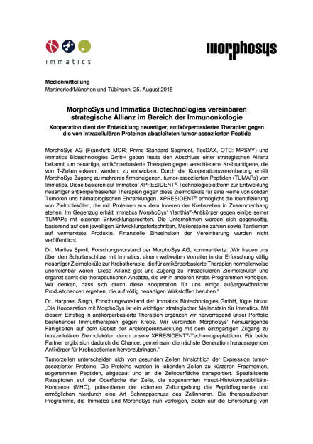Allianz zwischen MorphoSys und Immatics Biotechnologies , Seite 1/3, komplettes Dokument unter http://boerse-social.com/static/uploads/file_307_allianz_zwischen_morphosys_und_immatics_biotechnologies.pdf (25.08.2015) 