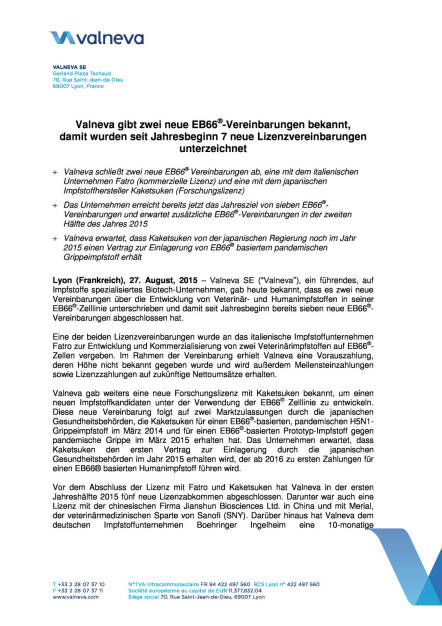 Valneva mit zwei neuen EB66-Vereinbarungen, Seite 1/4, komplettes Dokument unter http://boerse-social.com/static/uploads/file_317_valneva_mit_zwei_neuen_eb66-vereinbarungen.pdf (27.08.2015) 