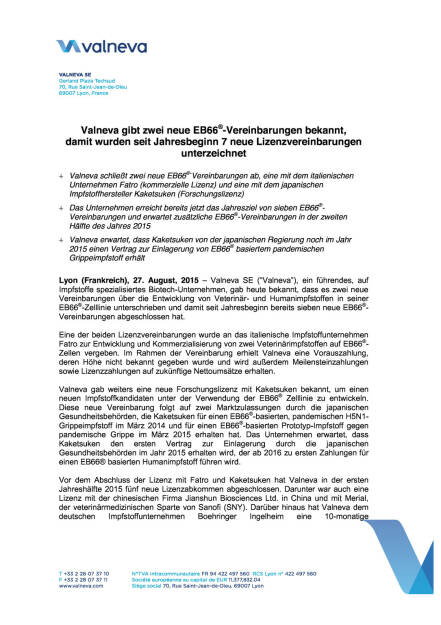 Valneva gibt neue Vereinbarungen bekannt, Seite 1/4, komplettes Dokument unter http://boerse-social.com/static/uploads/file_321_valneva_gibt_neue_vereinbarungen_bekannt.pdf (27.08.2015) 