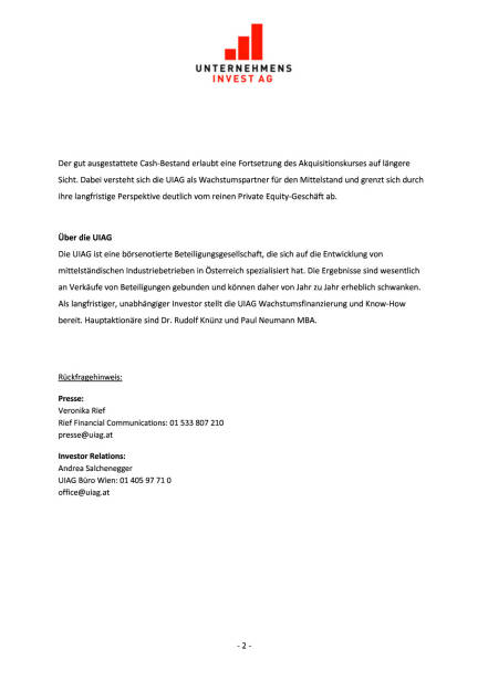 UIAG will Akquisitionskurs auch im 2. Halbjahr fortsetzen, Seite 2/2, komplettes Dokument unter http://boerse-social.com/static/uploads/file_331_uiag_will_akquisitionskurs_auch_im_2_halbjahr_fortsetzen.pdf (28.08.2015) 