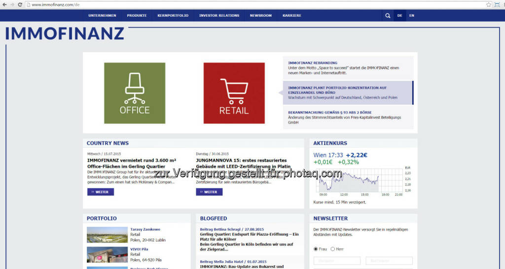 Screenshot Website : Immofinanz mit neuem Marken- und Webauftritt – Kundenorientierung im Mittelpunkt : 
Unter dem Motto „Space to succeed” startet die Immofinanz einen neuen Marken- und Internetauftritt. Im Mittelpunkt der Markenphilosophie steht die starke Kunden- und Marktorientierung : © Immofinanz, © Aussender (01.09.2015) 
