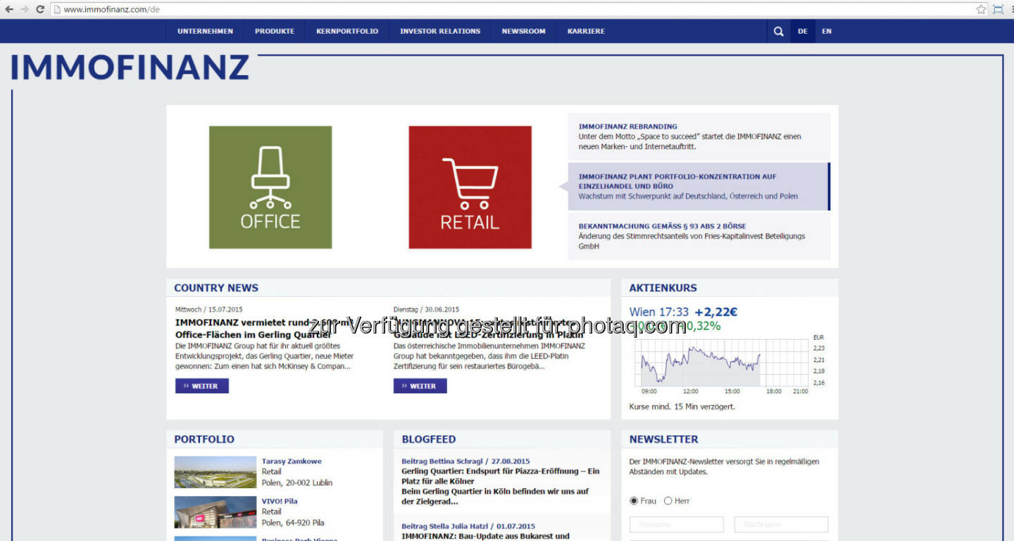 Screenshot Website : Immofinanz mit neuem Marken- und Webauftritt – Kundenorientierung im Mittelpunkt : 
Unter dem Motto „Space to succeed” startet die Immofinanz einen neuen Marken- und Internetauftritt. Im Mittelpunkt der Markenphilosophie steht die starke Kunden- und Marktorientierung : © Immofinanz