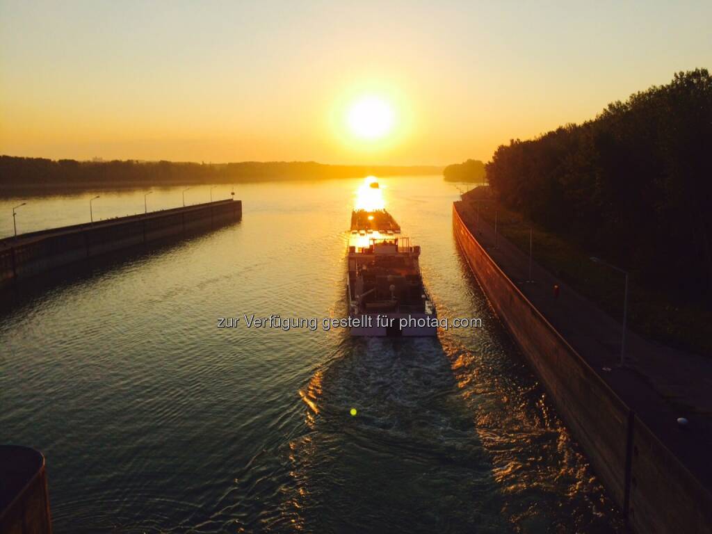 Sonnenaufgang, Schiff, fahren, der Sonne entgegen, Donau, © Martina Draper (01.09.2015) 