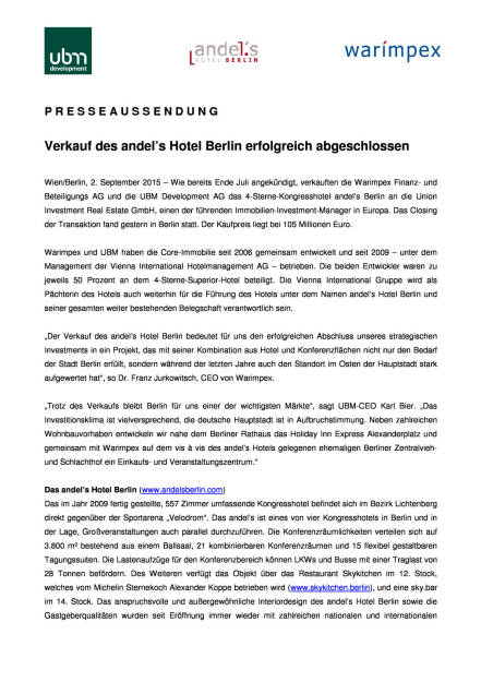 Warimpex und UBM verkaufen andel’s Hotel Berlin, Seite 1/2, komplettes Dokument unter http://boerse-social.com/static/uploads/file_343_warimpex_und_ubm_verkaufen_andels_hotel_berlin.pdf (02.09.2015) 