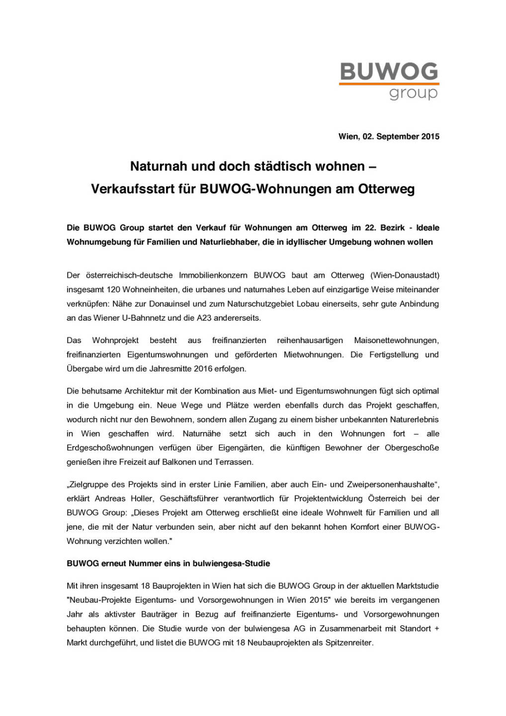Verkaufsstart für Buwog-Wohnungen am Otterweg, Seite 1/2, komplettes Dokument unter http://boerse-social.com/static/uploads/file_344_verkaufsstart_für_buwog-wohnungen_am_otterweg.pdf