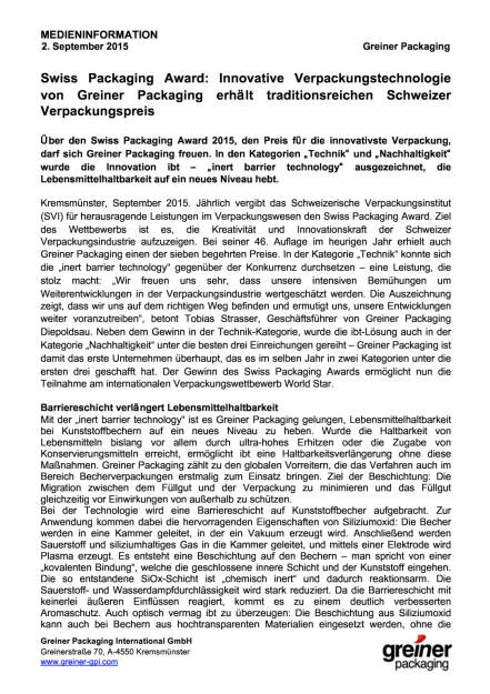 Swiss Packaging Award für Greiner Packaging , Seite 1/3, komplettes Dokument unter http://boerse-social.com/static/uploads/file_345_swiss_packaging_award_fur_greiner_packaging.pdf (02.09.2015) 