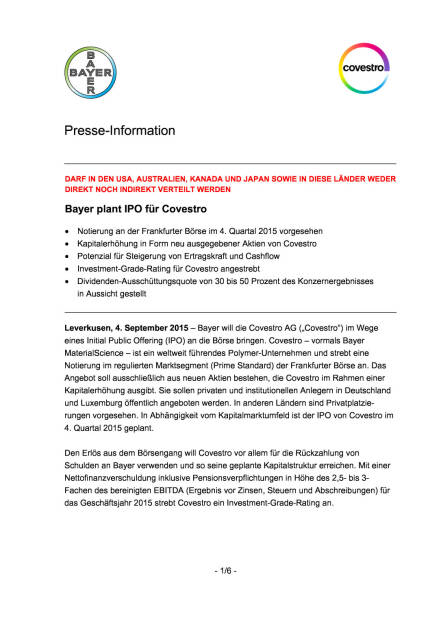 Bayer plant IPO für Covestro, Seite 1/6, komplettes Dokument unter http://boerse-social.com/static/uploads/file_349_bayer_plant_ipo_fur_covestro.pdf (04.09.2015) 