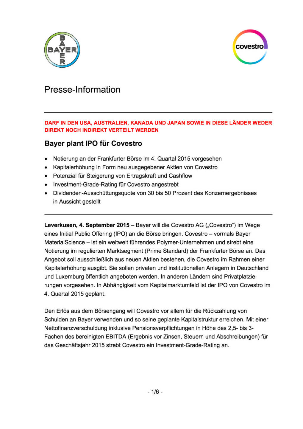 Bayer plant IPO für Covestro, Seite 1/6, komplettes Dokument unter http://boerse-social.com/static/uploads/file_349_bayer_plant_ipo_fur_covestro.pdf