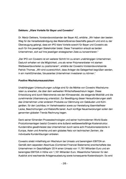 Bayer plant IPO für Covestro, Seite 2/6, komplettes Dokument unter http://boerse-social.com/static/uploads/file_349_bayer_plant_ipo_fur_covestro.pdf (04.09.2015) 