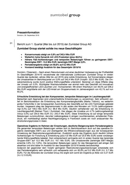 Zumtobel Group: Bericht Q1 2015, Seite 1/4, komplettes Dokument unter http://boerse-social.com/static/uploads/file_354_zumtobel_group_bericht_q1_2015.pdf (08.09.2015) 