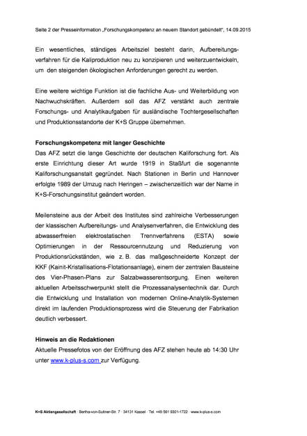 Neues Forschungszentrum der K+S Gruppe, Seite 2/3, komplettes Dokument unter http://boerse-social.com/static/uploads/file_362_neues_forschungszentrum_der_ks_gruppe.pdf (14.09.2015) 