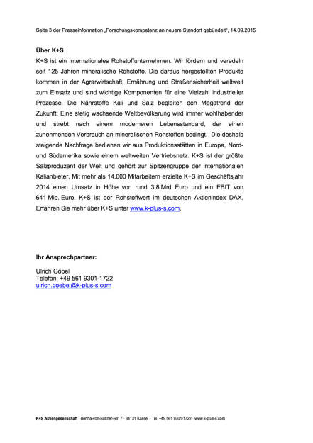 Neues Forschungszentrum der K+S Gruppe, Seite 3/3, komplettes Dokument unter http://boerse-social.com/static/uploads/file_362_neues_forschungszentrum_der_ks_gruppe.pdf (14.09.2015) 