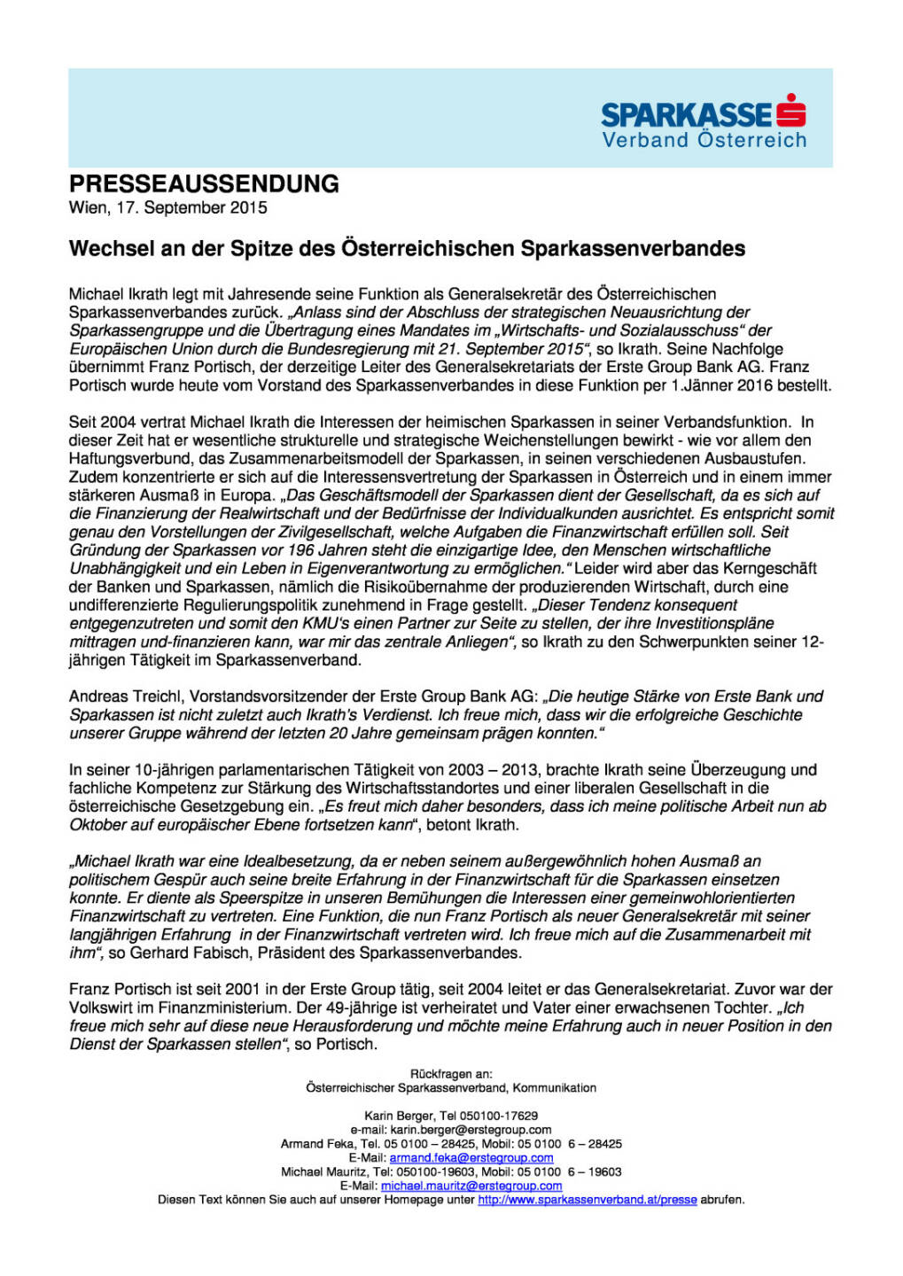 Franz Portisch neu an der Spitze des &Ouml;sterr. Sparkassenverbandes, Seite 1/1, komplettes Dokument unter http://boerse-social.com/static/uploads/file_375_franz_portisch_neu_an_der_spitze_des_osterr_sparkassenverbandes.pdf