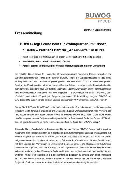 Buwog Grundsteinlegung für Wohnquartier „52° Nord“ in Berlin, Seite 1/2, komplettes Dokument unter http://boerse-social.com/static/uploads/file_374_buwog_grundsteinlegung_wohnquartier_berlin.pdf (17.09.2015) 