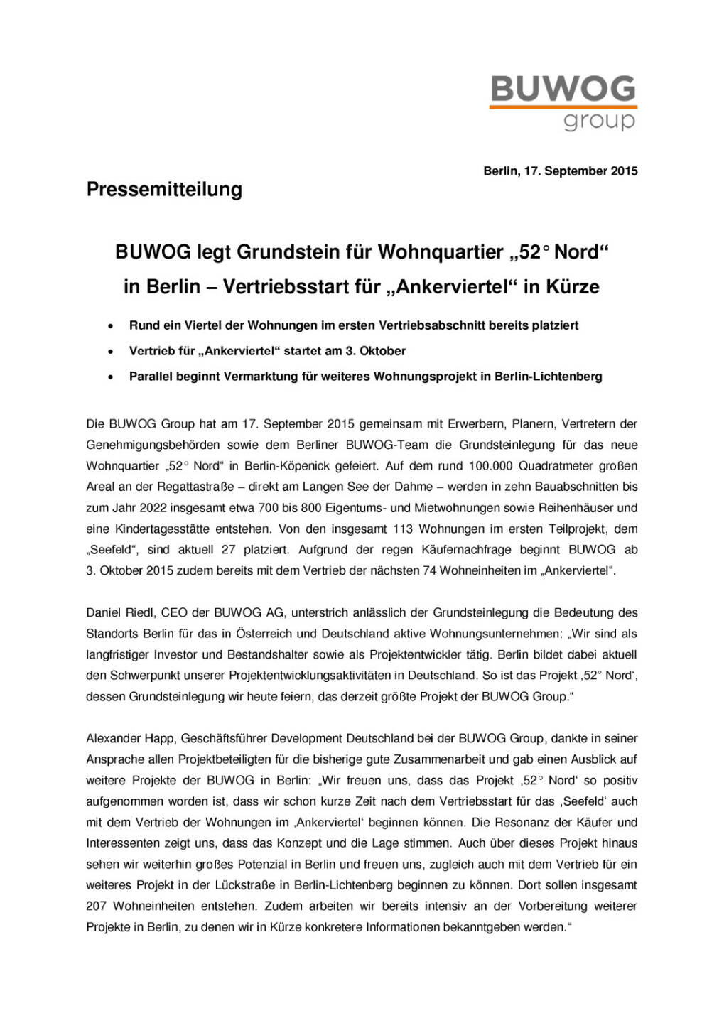 Buwog Grundsteinlegung für Wohnquartier „52° Nord“ in Berlin, Seite 1/2, komplettes Dokument unter http://boerse-social.com/static/uploads/file_374_buwog_grundsteinlegung_wohnquartier_berlin.pdf