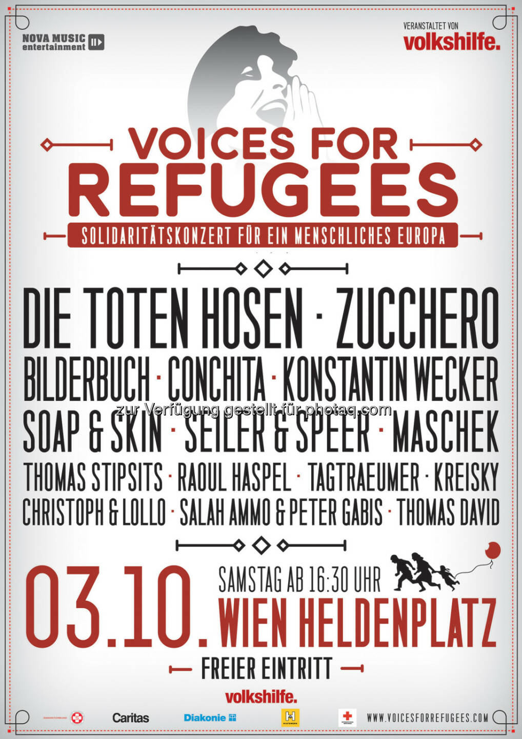 Poster zum großen Solidaritätskonzert am 3. Oktober 2015 : Erich Fenninger, Direktor der Volkshilfe Österreich und Initiator des großen Solidaritätskonzertes : Gemeinsam mit Nova Music konnten wir ein sensationelles Line-up auf die Beine stellen : Freude sich über die große Bereitschaft der vielen MusikerInnen und KünstlerInnen, dem Anliegen der Volkshilfe eine Stimme zu verleihen, wie z.B. „Die Toten Hosen“ : Fotocredit: Volkshilfe Österreich / Nova Music