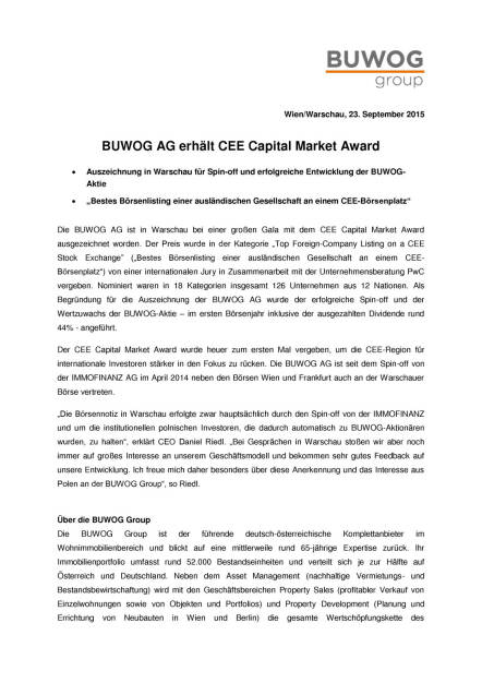 Buwog erhält CEE Capital Market Award, Seite 1/2, komplettes Dokument unter http://boerse-social.com/static/uploads/file_383_buwog_erhalt_cee_capital_market_award.pdf (23.09.2015) 