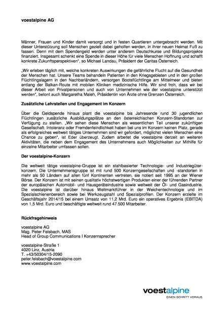 voestalpine setzt ein deutliches Zeichen für Flüchtlings- und Integrationshilfe, Seite 2/2, komplettes Dokument unter http://boerse-social.com/static/uploads/file_388_voestalpine_setzt_ein_deutliches_zeichen_fur_fluchtlings-_und_integrationshilfe.pdf (29.09.2015) 