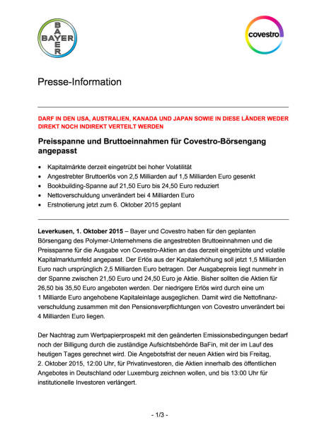Bayer: Preisspanne und Bruttoeinnahmen für Covestro-Börsengang angepasst, Seite 1/3, komplettes Dokument unter http://boerse-social.com/static/uploads/file_393_bayer_preisspanne_und_bruttoeinnahmen_fur_covestro-borsengang_angepasst.pdf (01.10.2015) 