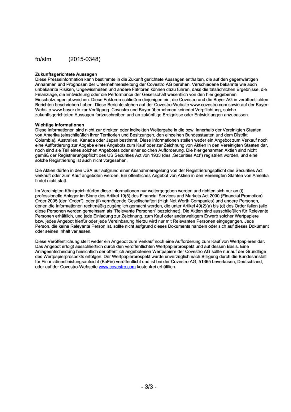 Bayer: Preisspanne und Bruttoeinnahmen f&uuml;r Covestro-B&ouml;rsengang angepasst, Seite 3/3, komplettes Dokument unter http://boerse-social.com/static/uploads/file_393_bayer_preisspanne_und_bruttoeinnahmen_fur_covestro-borsengang_angepasst.pdf