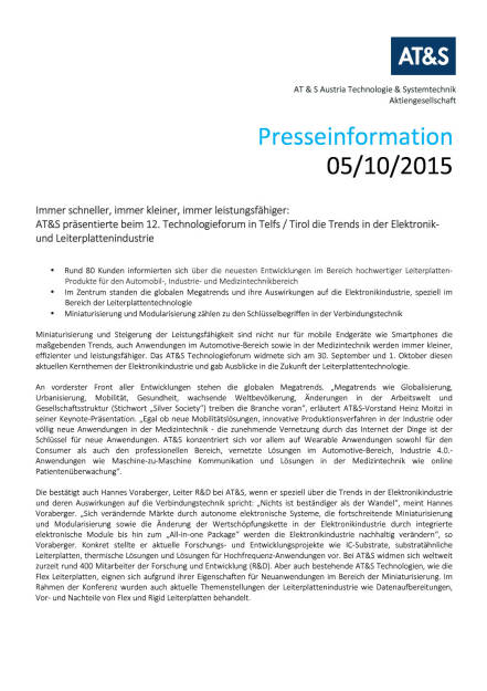 AT&S beim 12. Technologieforum in Telfs, Seite 1/2, komplettes Dokument unter http://boerse-social.com/static/uploads/file_401_ats_beim_12_technologieforum_in_telfs.pdf (05.10.2015) 