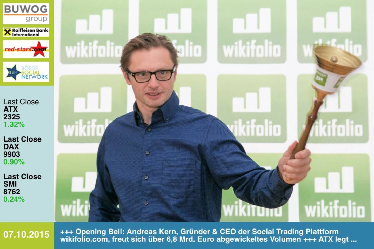 #openingbell am 7.10.: Andreas Kern, Gründer & CEO der Social Trading Plattform wikifolio.com, freut sich über 6,8 Mrd. Euro abgewickeltes Volumen http://www.openingbell.eu http://www.wikifolio.com