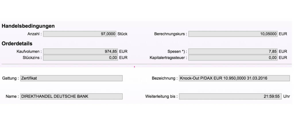 Tag 68: Kauf 97 Stück Knock-Out Put/DAX 10950 31.3.2016 DB AWM (08.10.2015) 