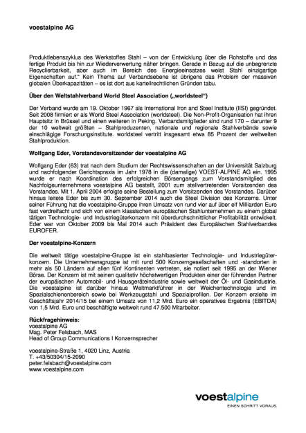 voestalpine-CEO Wolfgang Eder vor Wiederwahl zum Weltstahlpräsidenten, Seite 2/2, komplettes Dokument unter http://boerse-social.com/static/uploads/file_409_voestalpine-ceo_wolfgang_eder_vor_wiederwahl_zum_weltstahlprasidenten.pdf (12.10.2015) 