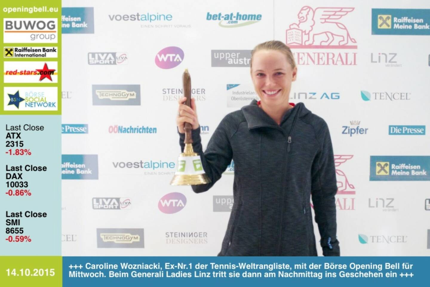 #openingbell am 14.10: Caroline Wozniacki, Ex-Nr.1 der Tennis-Weltrangliste, mit der Börse Opening Bell für Mittwoch. Beim Generali Ladies Linz tritt sie dann am Nachmittag ins Geschehen ein #wtalinz #CaroWozniacki http://www.openingbell.eu