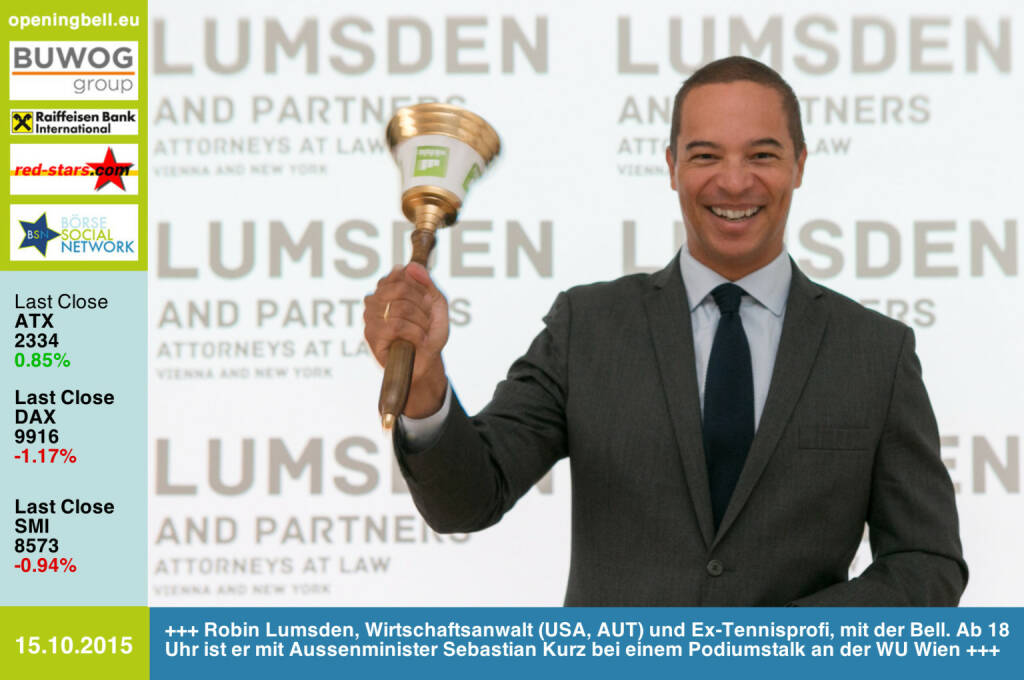 #openingbell am 15.10.: Robin Lumsden, Wirtschaftsanwalt (USA, AUT) und Ex-Tennisprofi, mit der Bell. Ab 18 Uhr ist er mit Aussenminister Sebastian Kurz bei einem Podiumstalk an der WU Wien  http://www.openingbell.eu (15.10.2015) 