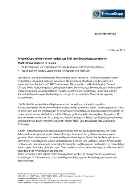 ThyssenKrupp nimmt Prüf- und Entwicklungszentrum in Betrieb, Seite 1/2, komplettes Dokument unter http://boerse-social.com/static/uploads/file_411_thyssenkrupp_nimmt_prüf-_und_entwicklungszentrum_in_betrieb.pdf (15.10.2015) 