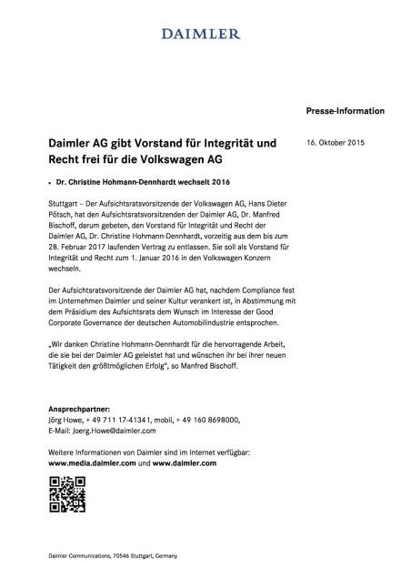 Daimler: Christine Hohmann-Dennhardt wechselt als Vorstand zu VW, Seite 1/2, komplettes Dokument unter http://boerse-social.com/static/uploads/file_414_daimler_christine_hohmann-dennhardt_wechselt_als_vorstand_zu_vw.pdf (16.10.2015) 