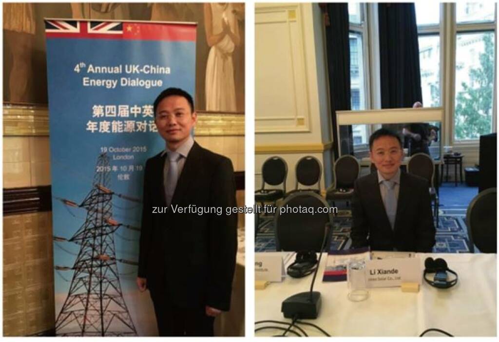 Jinko Solar’s chairman Xiande Li is accompanying the president of China Xi Jinping as one of the Chinese PV entrepreneur delegates today during his UK visit. Mr. Li will participate in the “Sino-UK Energy Dialogue” in London, held by Noor Bekri, Head of Chinese Energy Bureau and Amber Rudd, Secretary of State for Energy and Climate Change. The “Sino-UK Energy Dialogue” aims to facilitate the communication and understanding in the renewable energy section between China and UK, and prepare for the upcoming Paris Climate Summit. The chairman of Jinko Solar will deliver a speech about the current situation and future roadmap of solar PV.  Source: http://facebook.com/439664686151652 (19.10.2015) 