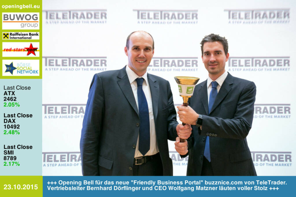 #openingbell am 23.10: Eine Opening Bell für das neue Friendly Business Portal http://www.buzznice.com von TeleTrader. Vertriebsleiter Bernhard Dörflinger und CEO Wolfgang Matzner läuten voller Stolz  http://www.openingbell.eu (23.10.2015) 