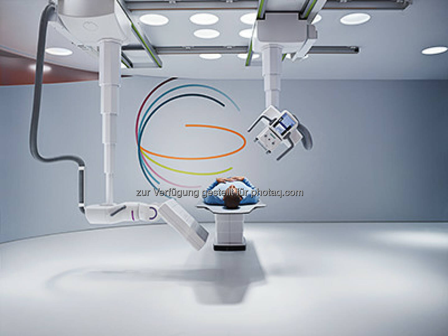 Siemens Healthcare präsentiert erstes Roboter-basiertes Röntgenssystem : Multitom Rax begründet eine neue Kategorie in der medizinischen Bildgebung dank verschiedenster Untersuchungsmöglichkeiten in Radiographie, Orthopädie, Angiographie, Fluoroskopie und zur Bildgebung in der Notfallmedizin : Roboterarme für exakte Positionierung von Röhre und Detektor, die erstmals 3D-Röntgenaufnahmen aller Körperregionen unter natürlicher Gewichtsbelastung möglich machen : 	© Siemens AG