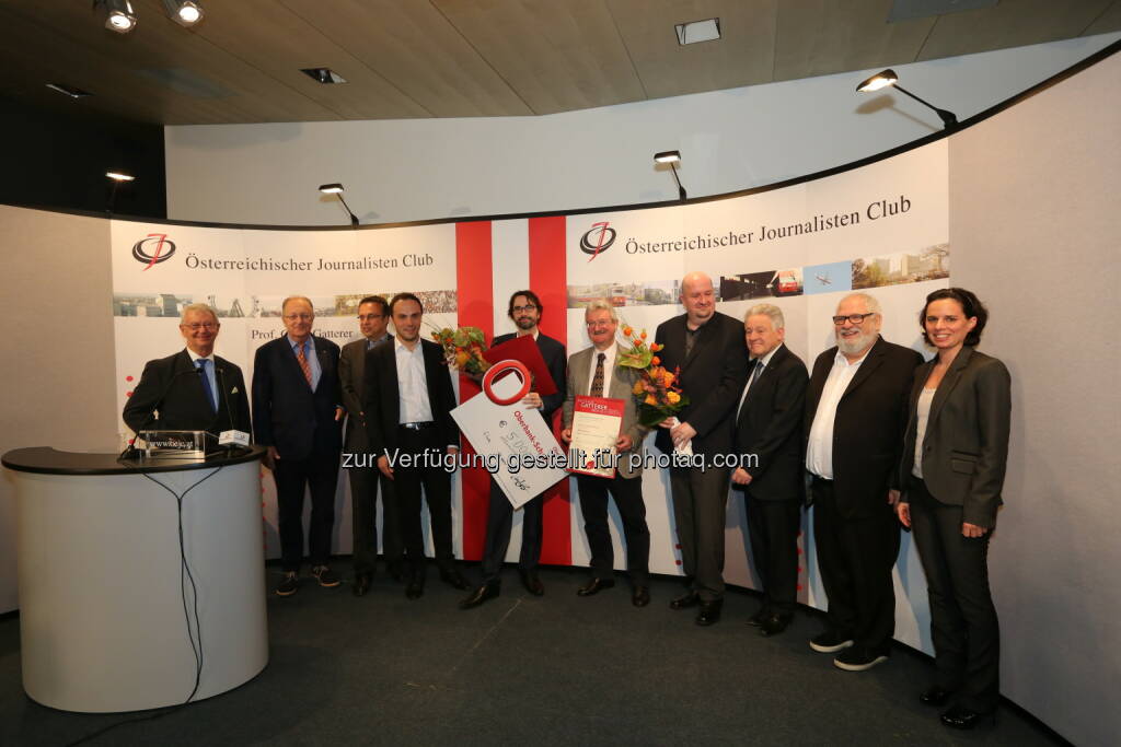 Harald Vaca (ÖJC-Vorstand), Oswald Klotz (ÖJC-Vorstand), Peter Baminger (ÖJC-Vizepräsident), Philipp Achammer (Südtiroler Landesrat), Dietmar Telser (Gatterer-Preisträger 2015), Rudolf Karl (Herausgeber Blickpunkte - Ehrende Anerkennung), Markus Drechsler (Blickpunkte-Chefredakteur), LH Josef Pühringer, Fred Turnheim (ÖJC-Präsident),  Nina Bayer (ÖJC-Vorstand) : Verleihung Gatterer-Preis 2015 an Dietmar Telser und Markus Drechsler :  Fotocredit: ÖJC/Huchmith, © Aussendung (02.11.2015)