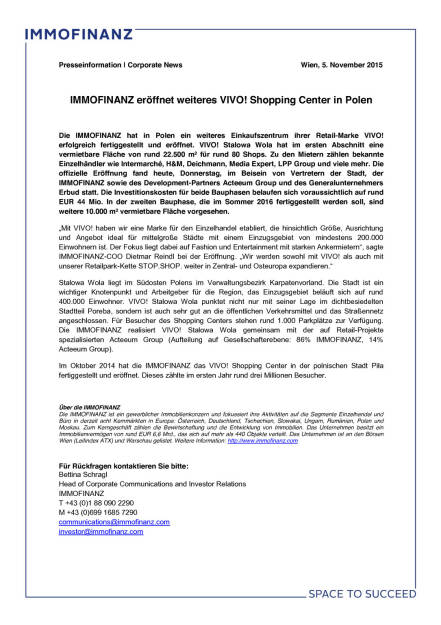 Immofinanz eröffnet weiteres Vivo! Shopping Center in Polen, Seite 1/1, komplettes Dokument unter http://boerse-social.com/static/uploads/file_448_immofinanz_eröffnet_weiteres_vivo_shopping_center_in_polen.pdf (05.11.2015) 
