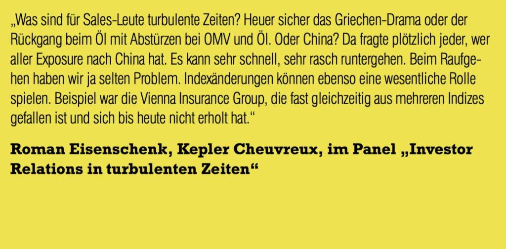 Roman Eisenschenk, Kepler Cheuvreux, im Panel „Investor Relations in turbulenten Zeiten“ (06.11.2015) 